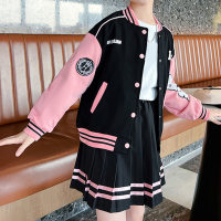 3-piece Kid Girl Letter Printed Long Sleeve Top & Color-block Number and Letter Pattern Button-up Baseball Jacket & Pleated Skirt  Pink