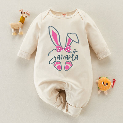 Mameluco de pierna larga de manga larga con estampado de conejo y letras para niña bebé