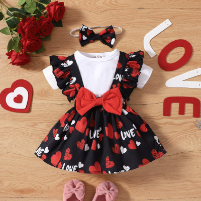 2023 Summer New Children's Clothing Foreign Trade Baby Clothes Short-Sleeved One-Year-Old Harness LOVE Newborn Suspender Skirt Suit