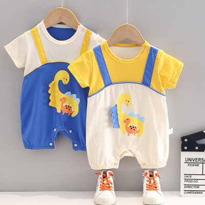 Mono de verano para bebé, traje de gateo de media manga de dinosaurio de dibujos animados de algodón, mono de manga corta de retales para bebé de 0 a 1 año