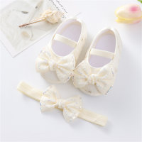 Chaussures à strass avec nœud pour bébé, ensemble bandeau, chaussures de princesse  Beige