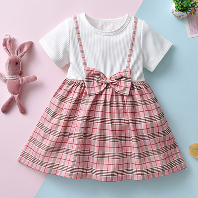 Baby Girl Solid Colour Patchwork Plaid Dress
