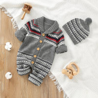 Baby Casual Stripes Pattern Long Sleeve Knitted Jumpsuit & Hat  Gray