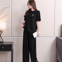 Women's two-piece suit with letter embroidery, thin ice silk home wear suit  Black
