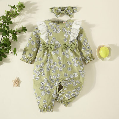 Baby Floral All Over Printing Lace Ruffle Decor Long Sleeve Jumpsuit