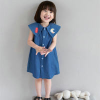 Girls skirt denim color embroidered cartoon tank top dress 24 spring and summer new foreign trade children's clothing drop shipping  Blue