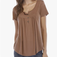 Women's smocked buttoned loose short-sleeved T-shirt top  Khaki