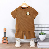 Kid Clothes Solid Color Waffle Letter Patch Short Sleeves And Shorts Set  Coffee