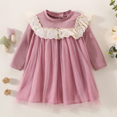 Toddler Girl 100% Cotton Ruffled Mesh Patchwork Long Sleeve Dress