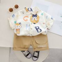 New style children's clothing boys suits fashionable cartoon shirt shorts cute casual two-piece suit  White