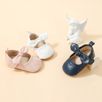 Sapatos de velcro antiderrapantes com decoração de laço para bebê menina