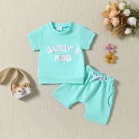 European and American new style 0-3Y infants and toddlers letter embroidery printed short-sleeved tops solid color shorts summer two-piece set  Blue