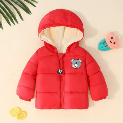 Manteau matelassé zippé à capuche avec imprimé ours de couleur unie pour tout-petit garçon