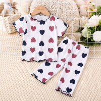 2-piece Toddler Girl Allover Heart Printed Short Sleeve T-shirt & Matching Pants  White
