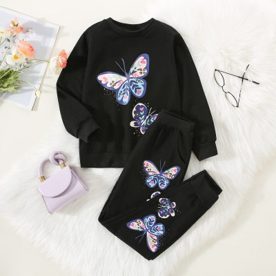 2-piece Kid Girl Pure Cotton Butterfly Pattern Sweatshirt & Matching Pants
