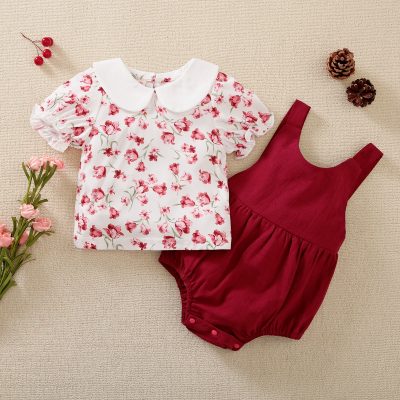 Baby Girl Floral Short Sleeve Shirts & Bib Shorts