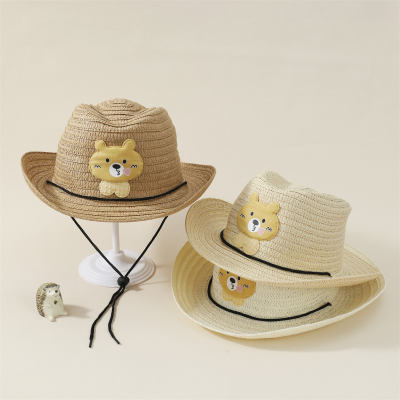 Sombrero de paja con aplique de oso para niños