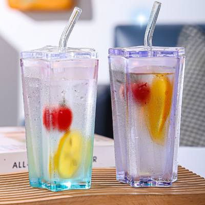 Straw cup ins high value five-pointed star glass cup color gradient cold drink cup with lid juice cup coffee cup