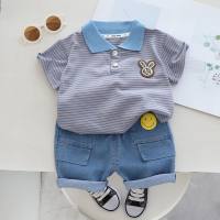 Summer striped POLO shirt for boys and toddlers, simple rabbit head chest logo children's suit, toddler cotton tops and jeans  Purple