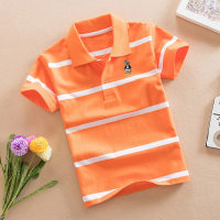 Camiseta de manga curta infantil de algodão puro verão roupas infantis camisa polo listrada  laranja