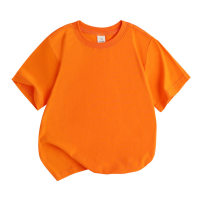 Camiseta de manga corta absorbente de sudor de color sólido de algodón puro con cuello redondo suelto para niños  naranja
