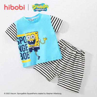 hibobi x SpongeBob Traje de algodón a rayas con estampado de dibujos animados para niños pequeños