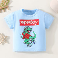 Toddler Boy Pure Cotton Letter and Dinosaur Printed Short Sleeve T-shirt  Blue