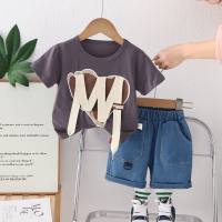 Boys summer suits 2024 new style children's clothes summer clothes handsome boys summer short-sleeved two-piece suits trendy  Gray