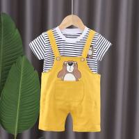 Girls summer short-sleeved suit new style baby cartoon big bear overalls baby summer two-piece suit  Yellow