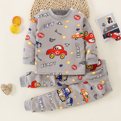 2-piece Toddler Boy Cartoon Vehicle Pattern Printed Long Sleeve Top & Matching Pants