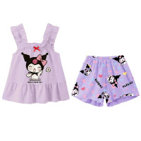 Cute and sweet little girl printed suspender bow pajamas  Purple