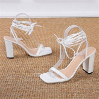 Summer new solid color one-line wrap-around strap square toe thick high heel sandals  White