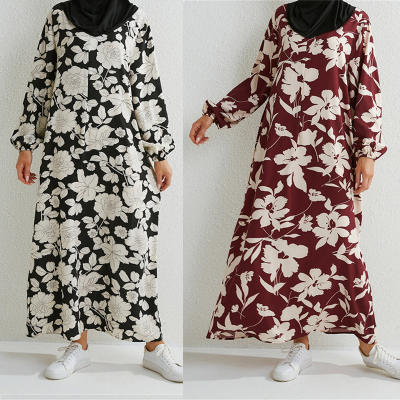 Damen Blumenkleid Rundhals Pullover Locker Mode Robe