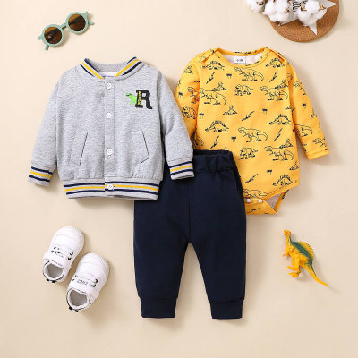 3-piece Baby Boy Color-block Letter Printed Button-up Baseball Jacket & Allover Dinosaur Printed Long Sleeve Romper & Solid Color Pants