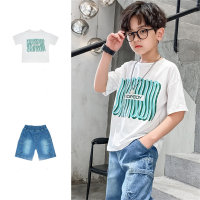 Conjunto de camiseta de manga curta de verão para meninos Shorts jeans conjunto de duas peças  Branco