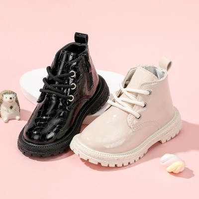 Toddler Girl PU Leather Solid Color Zip-up Lace-up Booties