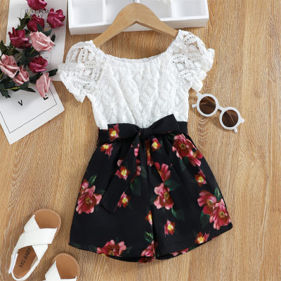 Toddler Girls Floral Color-block Lace Overalls
