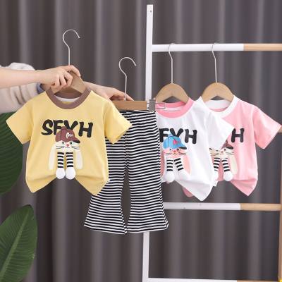 Baby girl casual striped trousers two-piece suit summer new style girl cartoon round neck short sleeve suit factory direct sales