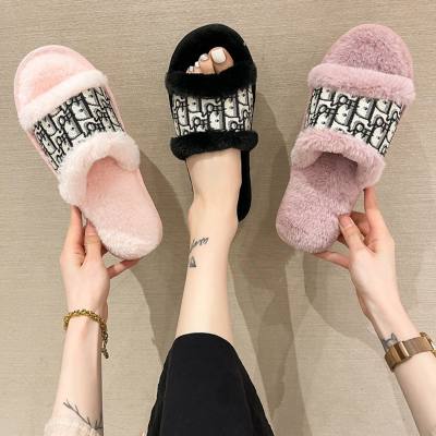 Warm fur flip flops for women, rabbit fur fashion flat open cotton slippers for home