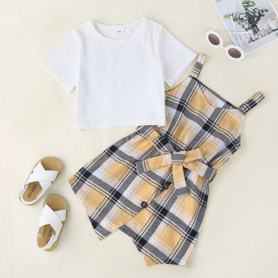 Conjunto de vestido e camiseta xadrez casual casual de alças para bebês