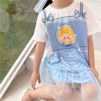Girls cartoon fake two-piece mesh dress short-sleeved T-shirt dress summer new style baby Snow White dress  Blue
