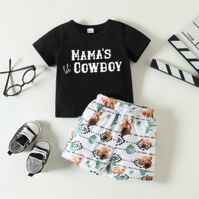 Kleinkind Jungen MAMA'S COWBOY bedrucktes Khaki mit Kuhkopf bedrucktes zweiteiliges Set Außenhandels-Kinderkleidung
