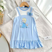 Saia infantil camisola menina modal casa vestido macio dos desenhos animados bonito hairpin  Azul claro