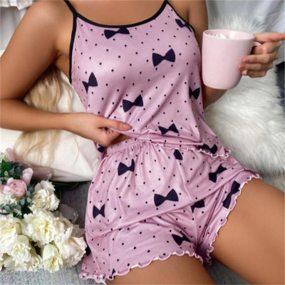 2-Piece Woman Bow polka dot decoration Adult pajamas set