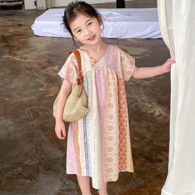 Girls skirt ethnic style V-neck dress princess skirt 23 summer clothes new foreign trade children's clothing drop shipping 3-8 years old