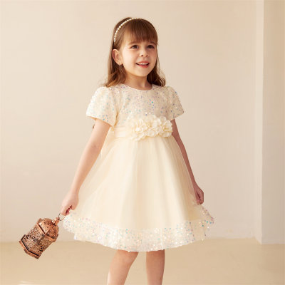 2-piece Toddler Girl Solid Color Mesh Patchwork Sequin Decor Short Sleeve Dress & Bowknot Decor