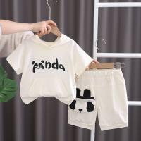Novo terno infantil de verão menino com capuz panda shorts de manga curta de duas peças roupas casuais fofas para bebês  Bege