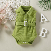 Cross-border infant and toddler spring and summer children's wear adjustable belt buckle waffle sleeveless rompers  Green