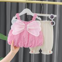 New style girls summer suit suspender top children's anti-mosquito pants two-piece suit  Pink