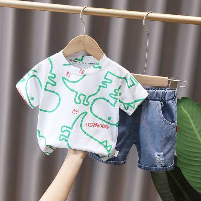Costume à manches courtes version coréenne du nouveau T-shirt à col rond dinosaure imprimé complet costume à manches courtes beaux vêtements d'été pour enfants vêtements de marque à la mode pour enfants